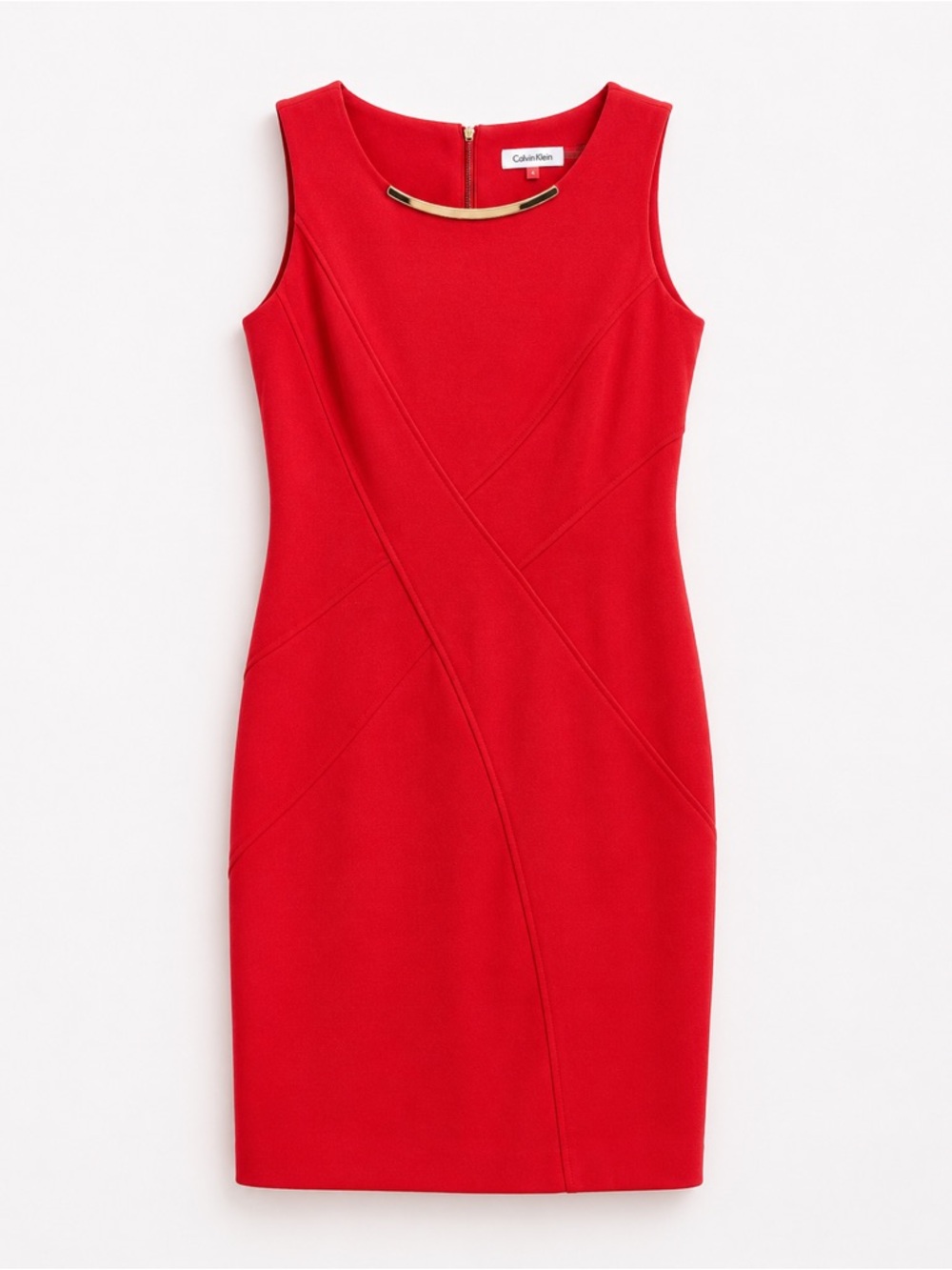 Calvin Klein Red/Orange Sheath Dress with Gold Neckline